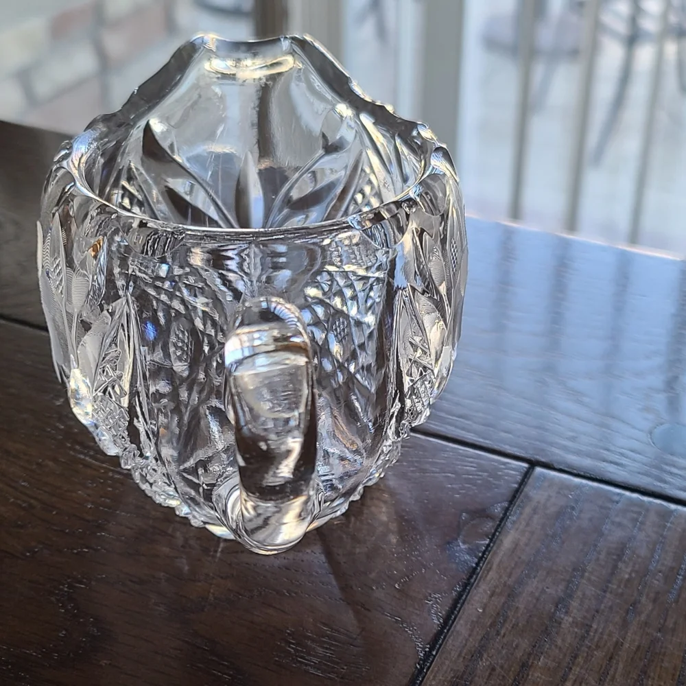 American Brilliant  cut glass sawtooth etched flower creamer & sugar bowl